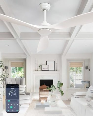BvenuBigLite Ceiling Fan Without Light: 52 Inch Outdoor Fan for Patios - White Ceiling Fan No Light Indoor - Modern 3 Blade Fan with Remote APP Control Reversible 6 Speed Noiseless