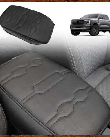 Muslogy Center Console Armrest Cover Compatible with Ford Ranger 2024 2025 Accessories Comfort Armrest Pad Cushion Box Lid Cover Vegan Leather Protector Regular Thick(Black/Black Stitching)
