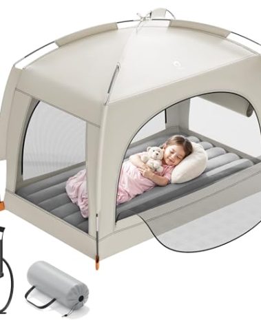QPAU Inflatable Toddler Travel Bed with Tent – Lightweight Blow Up Kids Air Mattress with Hand Pump – Indoor & Outdoor Portable Sleeping Solution for Camping, Travel, Home, Grandma’s – Ages 3+