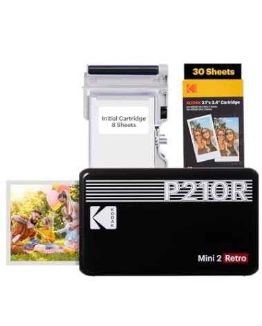 KODAK Mini 2 Retro 4PASS Portable Photo Printer (2.1x3.4 inches) Initial 8 Sheets + 30 Sheets Bundle, Black