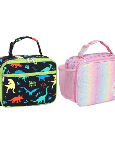 Bagseri 2 Packs Kids Lunch Bag for Girls and Boys - Insulated Kids Lunch Box for Daycare and School Reusable Meal Tote Bag with Water Bottle Holder, Black Dinosaur and Pink Unicorn