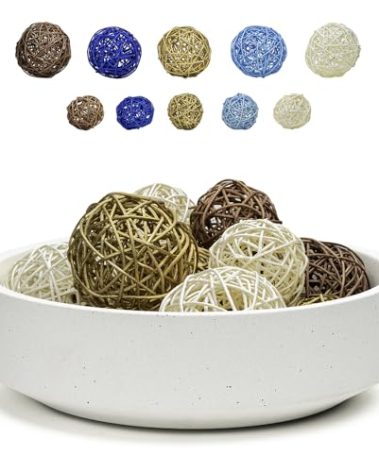 VELOVA Large White Concrete Decorative Bowl with 24 Decorative Balls, Fruit Key Holder Bowls Boho Modern Home Decor Accent for Dining Room Centerpiece Living Room Coffee Table Shelf Entryway Rattan