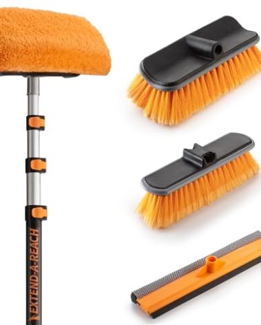 20 Foot Exterior House Cleaning Brush Set with 4-12 ft Extension Pole // Vinyl Siding Brushes with Telescopic Extendable Pole & Window Cleaning Squeegee Tool // The Ultimate Extension Scrub Brush Set