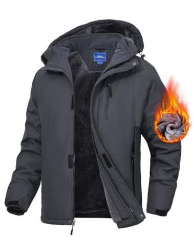 Zoofly Winter Jackets for Men Fleece Lined Wear Resistant Skiing Coats Mens Zipper Pocket Hiking Jacket Thermal Dark Grey 3XL