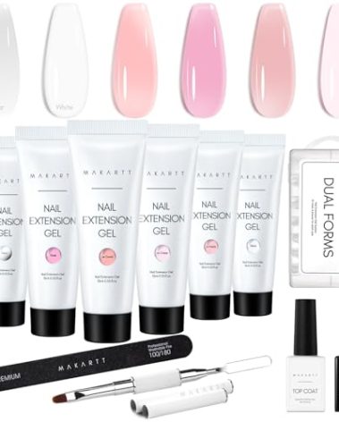 Makartt Poly Nail Gel Kit, 6 Pcs Clear Pink White Colors Builder for Extension Set, Long Lasting Hard Gel for Nails Strengther, All in One Nail Thickening Solution Kit Salon Home French Manicure