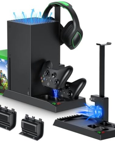 MENEEA Cooling Fan & Charging Stand for Xbox Series X Console & Controller,Vertical Cooler System Dual Charger Station Dock Accessories with 2 x 1400mAh Rechargeable Battery for Xbox Series X