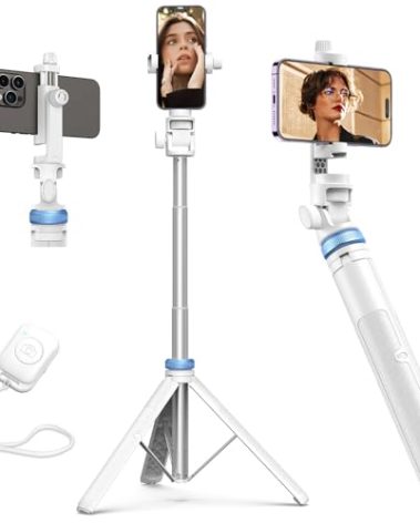 Kaiess 62" Phone Tripod & Selfie Stick, Extendable Photography Light Stand with Wireless Remote, Solidest, Portable, Lightweight, Compatible with iPhone/Android Phone (White)