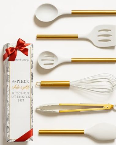 Styled Settings White and Gold Kitchen Utensils Set – 6-Piece Silicone Cooking Utensils with Spatula, Whisk, Tongs, Spoon and Turner – Nonstick, BPA-Free Kitchen Tools - Gold Kitchen Accessories