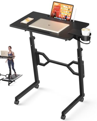 Enayplon Small Standing Desk with Wheels, Portable Treadmill Desk, Rolling Desk Adjustable Height for Laptop, Mobile Standing Table for Walking Pad, Bedside Table