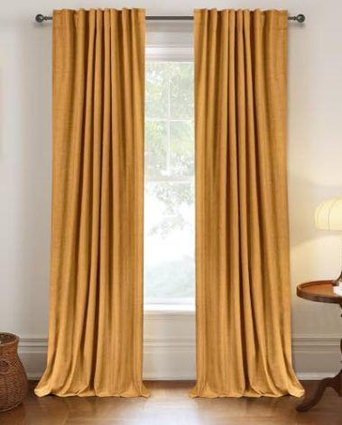100% Blackout Shield Linen Blackout Curtains for Bedroom 84 Inches Long,Back Tab/Rod Pocket Living Room Drapes,Thermal Insulated Textured Blackout Curtains 2 Panels Set,50" W x 84" L,Mustard Yellow