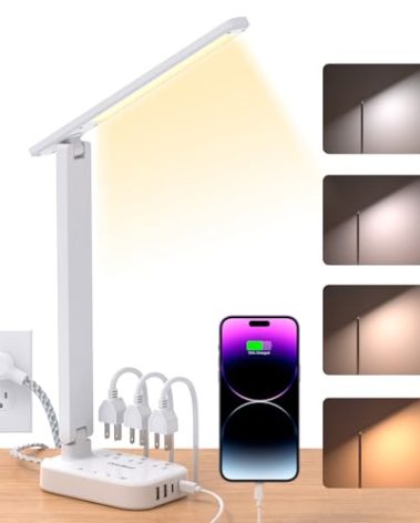 Power Strip with LED Desk Lamp, 3 Outlets 4 USB Ports(2 USBC) 4 Modes 5 Level Touch Lamp Small Desk Lamp for Home Office Bedroom Bedside, Study Reading Light, 5ft Extension Cord, Dorm Room Essentials