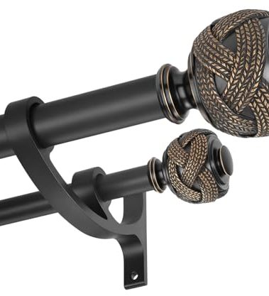 Double Curtain Rods 72 to 144 Inches, Decorative Double Drapery Rod with Aluminum Alloy Brackets, Heavy Duty 1” Front and 5/8” Back Telescoping Double Windows Rod with Classic Finials, Matte Black
