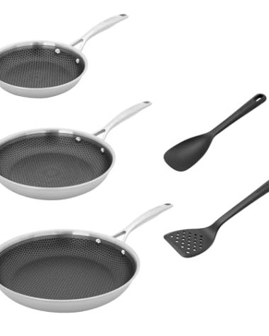 HENCKELS Paradigm 5-pc Cookware Set, Nonstick Frying Pan and Silicone Utensil Set, 3-Ply Stainless Steel Skillets for Induction Cooktop, Gas & Electric Stovetops – Dishwasher Safe & Oven Safe