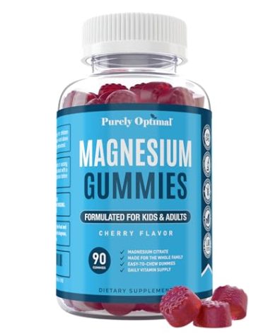 Purely Optimal Magnesium Citrate Gummies for Kids & Adults - Delicious Cherry Flavor - Sleep, Calm & Digestive Support, Relaxation, Muscle Health - Chewable Magnesium, Gluten-Free, Vegan - 90 Gummies