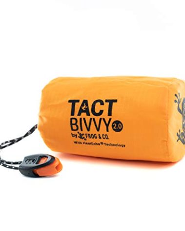 Survival Frog Tact Bivvy 2.0 Emergency Sleeping Bag w/Stuff Sack, Carabiner, Survival Whistle, ParaTinder - Compact, Lightweight, Waterproof, Reusable, Thermal Bivy Sack Cover, Shelter Kit (Orange)