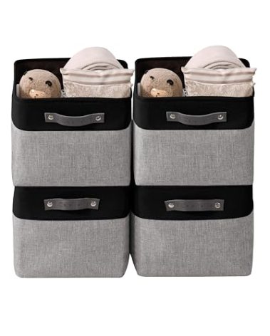 DECOMOMO Storage Baskets for Shelves - Fabric Closet Organizers and Storage Bins, Perfect Baskets for Organizing Closet Toys Nursery (Grey and Black, Large - 4 Pack)