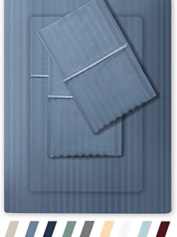 Feather & Stitch 500 TC Queen Size Damask Bed Sheet Set, 100% Cotton Soft Breathable Bedsheets, 4 Piece 18" Deep Pockets Sateen Weave Striped Bedding Mattress Resort Hotel Luxury- (Blue, Queen)