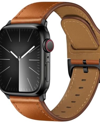 YALOCEA Leather Bands Compatible with Apple Watch Bands 49mm/46mm/45mm/44mm/42mm for Men Women, Genuine Leather Strap for iWatch Ultra 2/1 Series 10 9 8 7 6 5 4 3 2 1 SE, Brown/Black