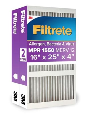 Filtrete 16x25x4 AC Furnace Air Filter, MPR 1550, MERV 12, Fits Lennox & Honeywell, CERTIFIED Asthma & Allergy Friendly, Electrostatic Air Cleaning Filter, 2-Pack (Actual Size 15.88 x 24.56 x 4.31)