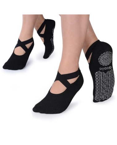 Yoga Socks for Women Non-Slip Grips & Straps, Ideal for Pilates, Pure Barre, Ballet, Dance, Barefoot Workout (2 Pairs- Black, one_size)