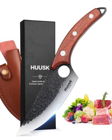 Huusk Viking Knives Hand Forged Boning & Chef Knife - Full Tang Japanese Blade with Sheath - Butcher Meat Cleaver - Camping & Kitchen Gift