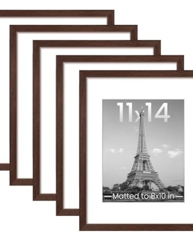 upsimples 11x14 Picture Frame Set of 5, Display Pictures 8x10 with Mat or 11x14 Without Mat, Wall Gallery Photo Frames, Brown