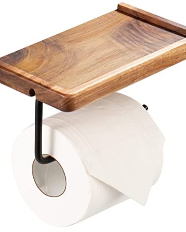 Yangbaga Black Toilet Paper Holder with Storage Shelf Wooden,Bathroom Toilet Tissue Roll Holder Wall Mount with Adhesive& Screw for Phone Candle Wipes Planter Pot