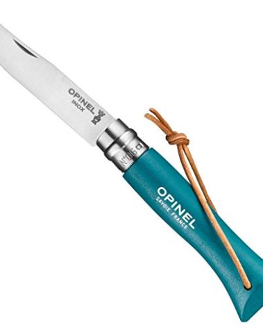 Opinel Colorama No.06 Folding Pocket Knife, Painted Wood Handles, Leather Lanyard (Turquoise)