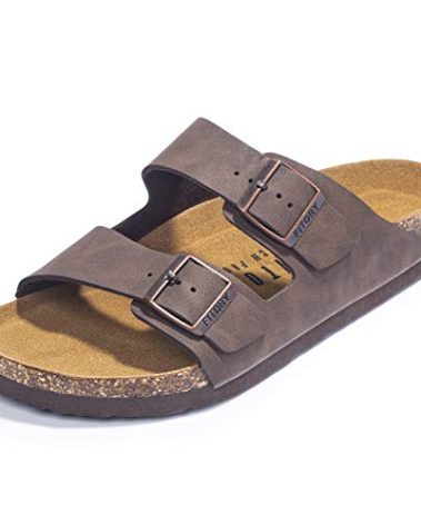 FITORY Mens Sandals, Arch Support Slides with Adjustable Buckle Straps and Cork Footbed Brown Size 9