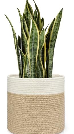 Dahey Jute Spliced Cotton Rope Plant Basket Modern Woven Storage Basket for 11.5" Floor Indoor Planter, Decorative Flower Pots Cover Laundry Bin with Handle Rustic Home Decor, White and Beige