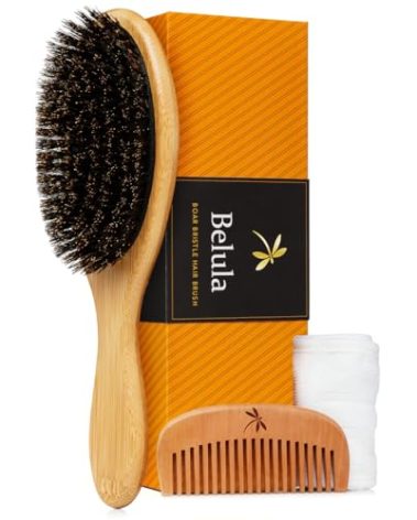 Belula 100% Boar Bristle Hair Brush Set (Medium). Soft Natural Bristles for Thin and Fine Hair. Restore Shine And Texture. Wooden Comb, Travel Bag and Spa Headband Included!