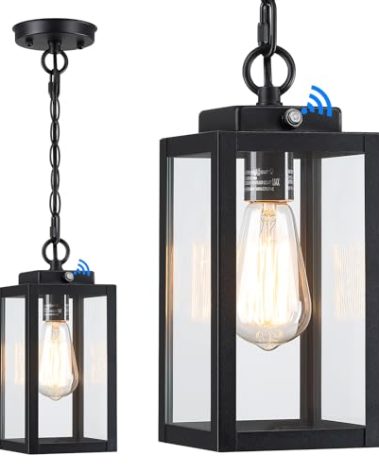 11'' Dusk to Dawn Outdoor Pendant Light, Modern Outside Chandelier Outdoor Hanging Lantern Light, Matte Black with Clear Glass, Exterior Pendant Lighting Fixture for Porch, Yard, Gazebo, 1Pack (Small)