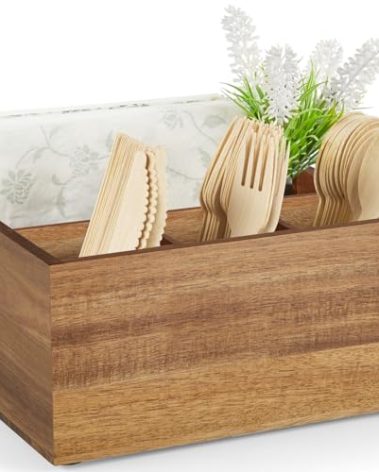 DRASTAR Utensil Caddy, Silverware Caddy for Party, Acacia Wood Silverware Holder, Silverware Organizer Countertop, Cutlery Storage Containers for Kitchen Table