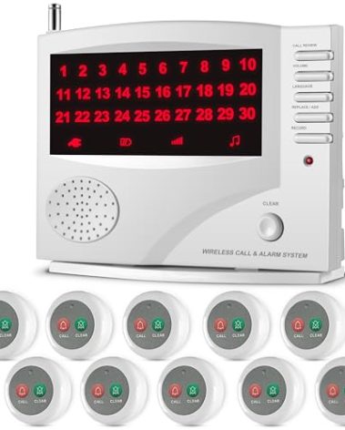 SYNLETT Nurse Call System Caregiver Pager Call System with 10 Dual Function Call Buttons and 1 Central Monitoring Unit for Clinic Restaurant Assisted Living Nursing Home Patients Residents