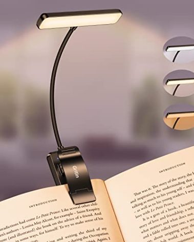 Gritin 19 LED Rechargeable Book Light for Reading in Bed with Memory Function- Eye Caring 3 Color Temperatures,Stepless Dimming Brightness,80 Hrs Runtime Lightweight Clip on Light for Book Lovers