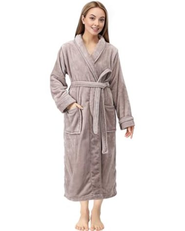 NY Threads Premium Womens Robe Plush Soft Long Bathrobe Warm Fleece Shawl Collar Spa Robe Pack of 1, Small, Taupe