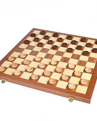 VAMSLOVE 15inch Checkers Folding Wooden Game Set, 100 Square Checkerboard International Checkers Draughts Board 10x10 for Kids with Pieces Storage Slots (Instructions Included)