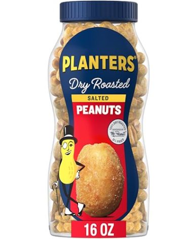 PLANTERS Salted Peanuts, Dry Roasted Peanuts, Party Snacks, Plant Based Protein, Snacks For Adults, 16oz (1 Jar)