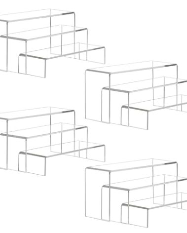 ANDGOO 12 Pack Large Acrylic Risers, 4 Set(11.2”L~11.6”L~12”L) Clear Rectangular Stands for Display, Tiered Acrylic Shelves for Decor, Collectibles, Dessert Table, Retail Display Shelf Showcases