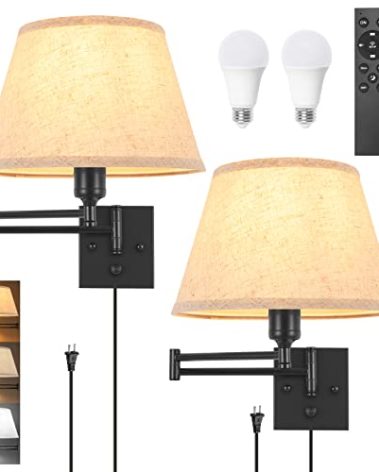 TRLIFE Wall Sconce Plug in, Remote Control Dimming 10-100% and Adjustable Color Temperature 2700K-6500K Swing Arm Wall Lights with Plug in Cord, 11.8" Large Beige Fabric Shade(2 Pack, 2 Bulbs)