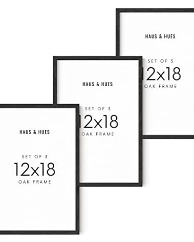 HAUS AND HUES Set of 3 12x18 Poster Frame - 18 x 12 Picture Frame Black Wood Frames, 12x18 Picture Frames for Wall, Black Poster Frame 12 x 18, 12 x 18 Frame Gallery Wall Frame Set (Black Oak Frame)