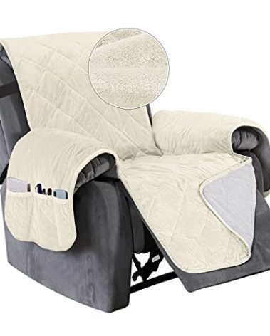 Turquoize Velvet Recliner Cover Recliner Chair Covers Quilted Recliner Covers for Large Recliner Non Slip Recliner Slipcovers with Elastic Straps Seat Width Up to 28" Cover for Recliner (28", Ivory)