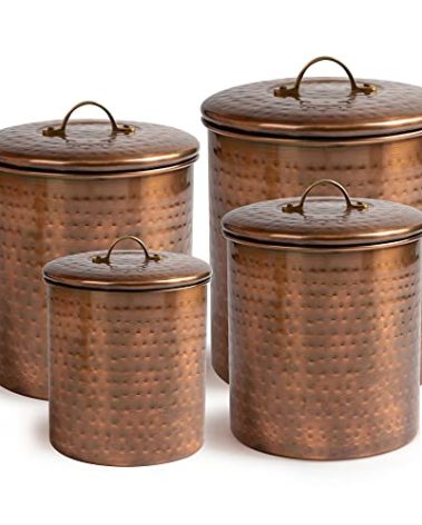 nu steel Hammered Antique Copper Stainless Steel 4pc Canister Set, Beautiful Food Storage Container for Kitchen Counter, Tea, Sugar, Coffee, Caddy, Flour Canister with Rubber seal lid, TG-1843AC-SET4
