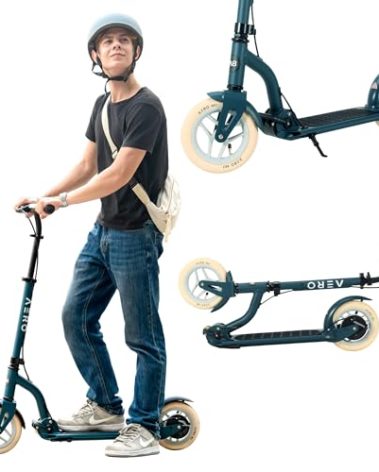 Aero Big Wheels Scooter for Kids 8-12, Teens & Adults | Pneumatic Air Tyre, Hand Controlled Drum Brake & Rubber Deck Mat | Adult Manual Kick Scooter | Foldable & Height Adjustable, 220lbs Max