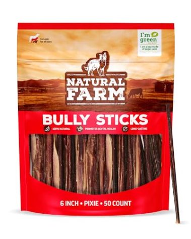 Natural Farm Bully Sticks (6 Inch, 50 Pack), Thin Pixie Pizzle Beef Treats, Grain-Free, High Protein, Best Rawhide Alternative for Small, Puppies or Senior Dogs