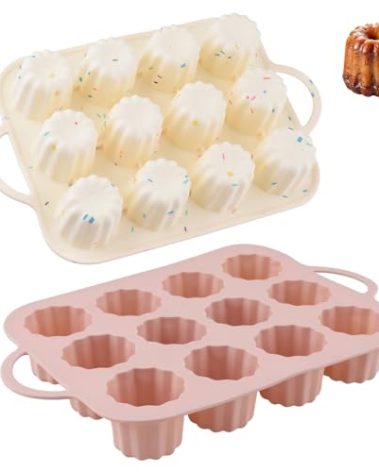 12 Cavity Canele Mold Cake Pan, 2pcs Slicone Canele Baking Pan for Making French Custard Cannoli Tubes Cake, Muffin and Cupcake