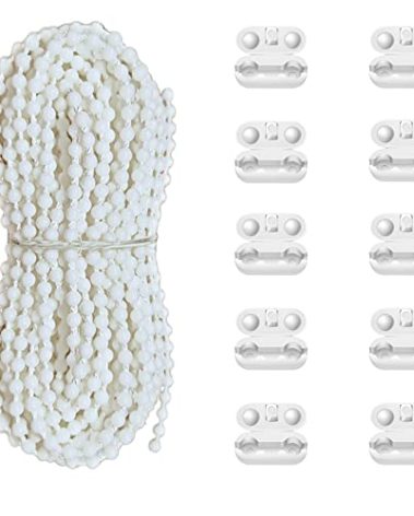 Antfly 10 Meters (32.8 Feet) Roller Blind Bead Chain Cord Roman Venetian Honeycomb Vertical Shade Blind Cord with 10 PCS Connectors for Roller Blind Replacement Parts White (Thickened Version)