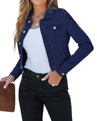 luvamia Womens Fashion Long Sleeve Button Down Stretchy Denim Jean Jacket Cropped Jean Jacket Casual Jackets For Women Jean Top Dark Blue Size X-Large Fits Size 16 / Size 18