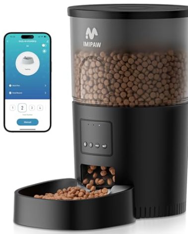 IMIPAW Automatic Cat Feeder, 5G WiFi Cat Food Dispenser with APP Remote Control, Pet Dry Food Smart Feeder, Programmable Timed Feeding, Dual Power Supply, 1-10 Meals Per Day