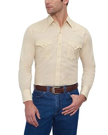 Ely Cattleman Men's Long Sleeve Solid Western Shirt, Ecru, Small